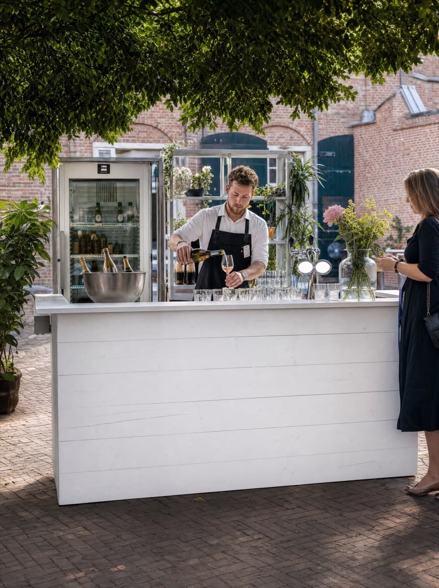 Barman achter een witte bar op een buitenlocatie