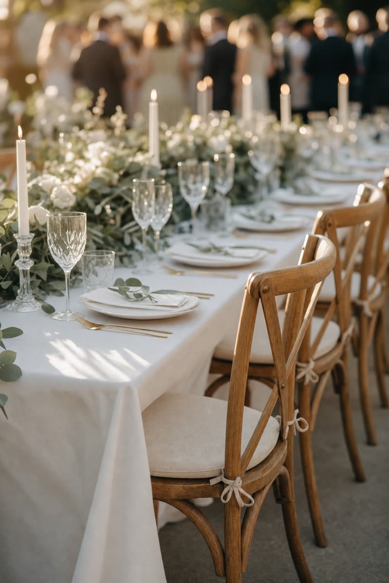 Trouwtafel met kaarsen, groen en crossback stoelen