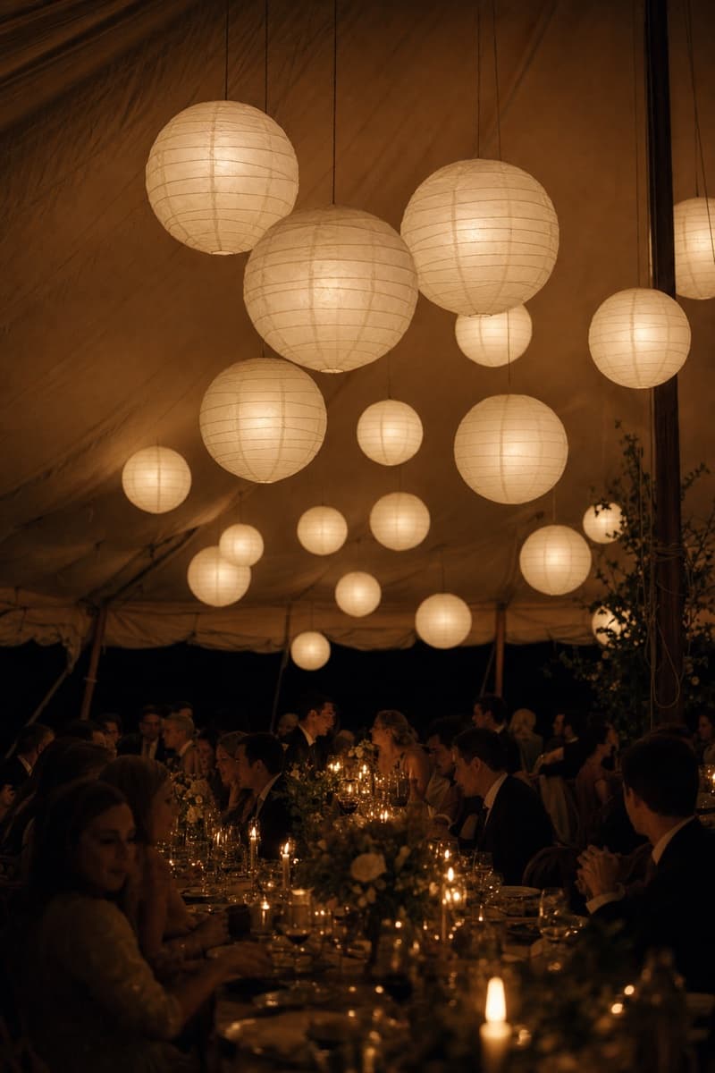 Lampionnen in een tent tijdens een avonddiner