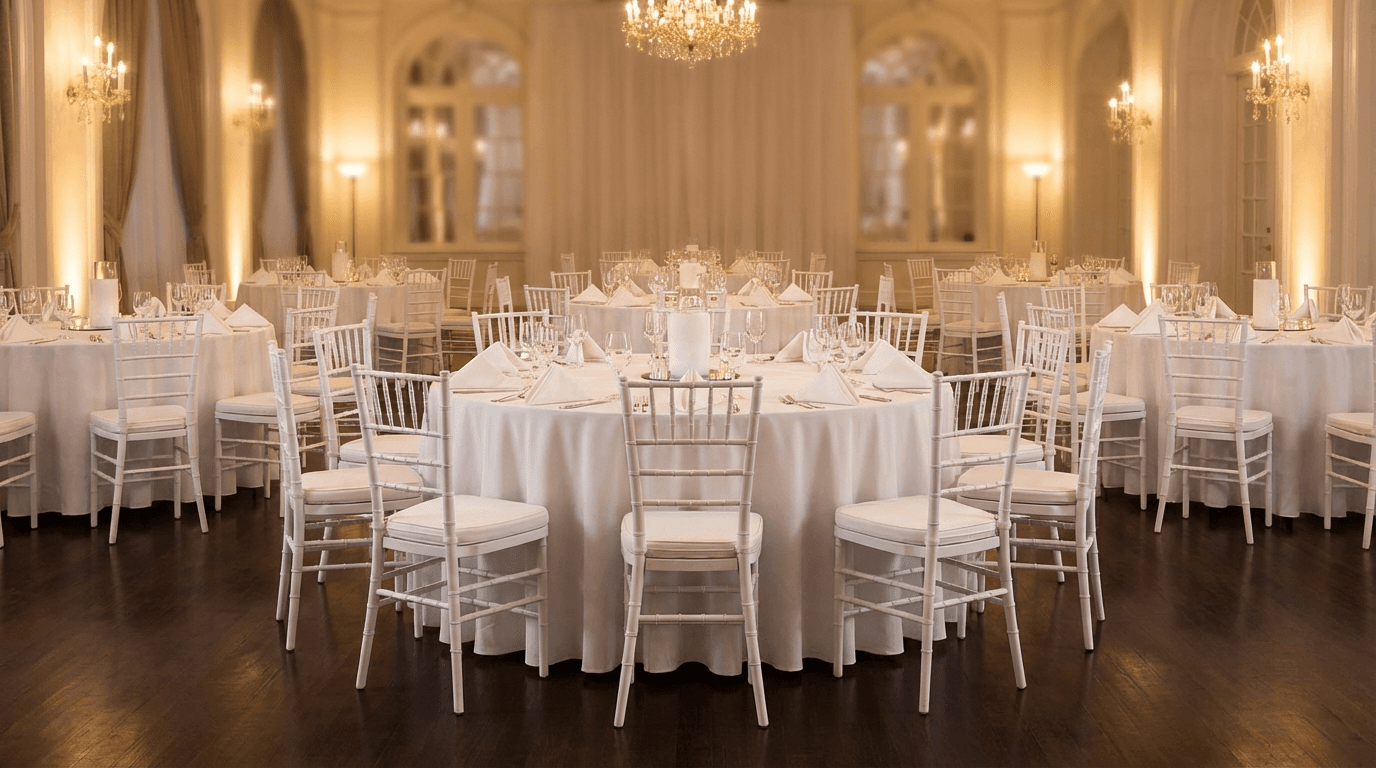 Ronde tafels met witte stoelen in een feestzaal