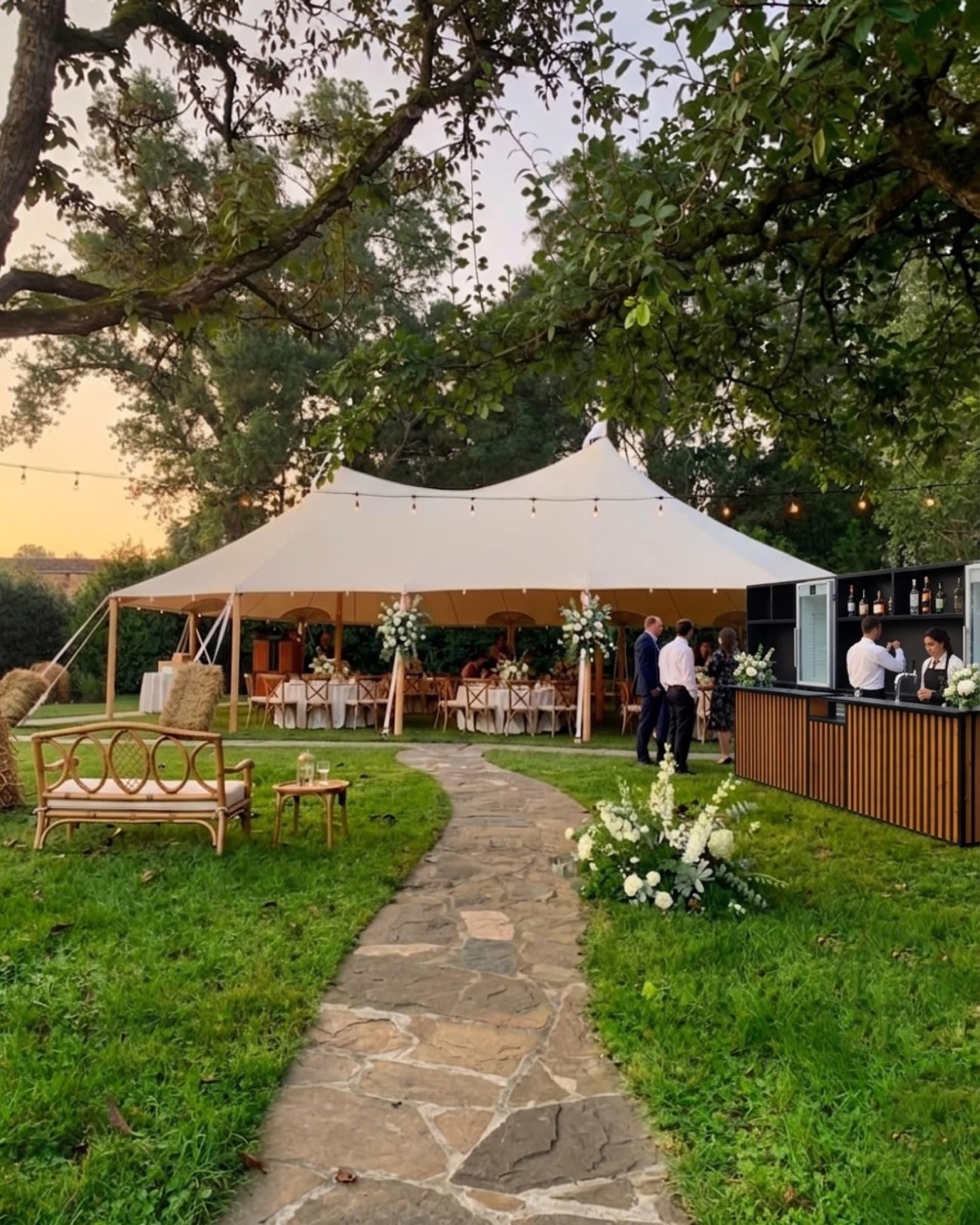 Sailcloth tent met ronde tafels, crossback stoelen en een bar in een tuin